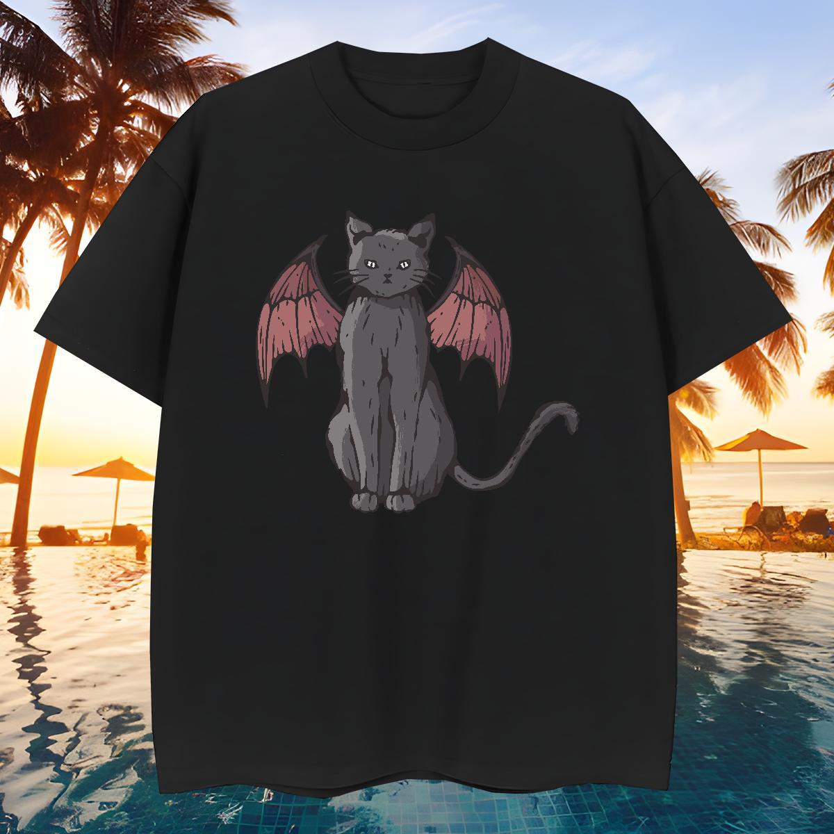 Loose Fit Tshirts 100% Cotton 230g cat Men T Shirts Street Breathable Crew Neck DIY Anime Fashion Wear