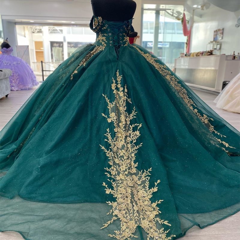Emerald Green Shiny Sweetheart Quinceanera Dresses Ball Gown Gold Applique Lace Beads Tull Sweet 16 Dress Birthday Party Vestidos De 15 Anos