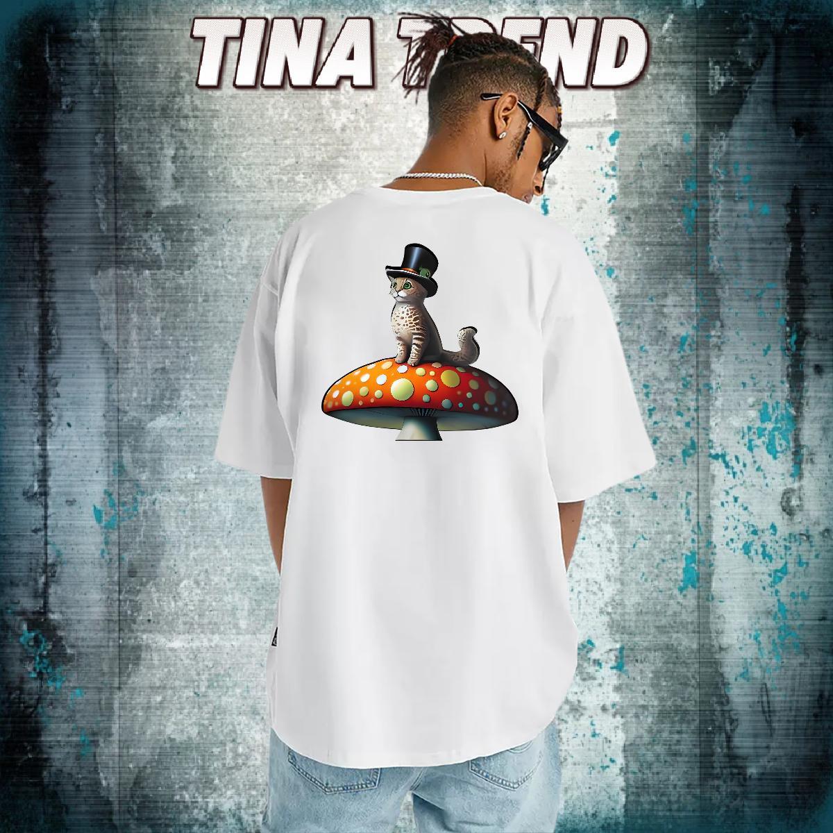 2024 Summer T shirt 230g 100% Cotton cat Street Wear Round Neck Short Sleeve Loose Fit Men Clothes T-Shirt Plus Size Cartoon