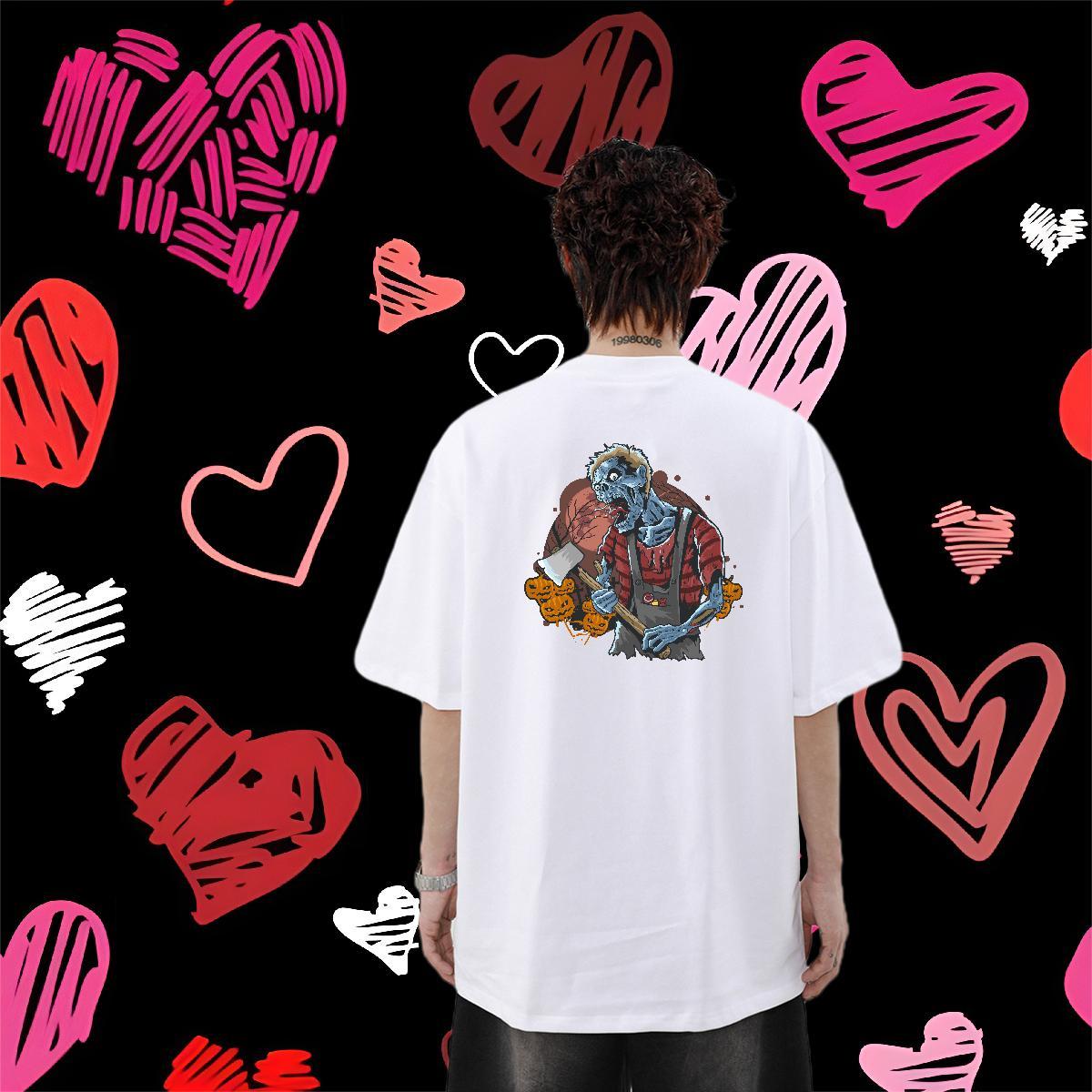 New Arrival T-Shirts 230g Pure Cotton Halloween Anime Printing Street Tees Shirts Breathable Crew Neck Soft Men Clothes T-Shirt Floral Print