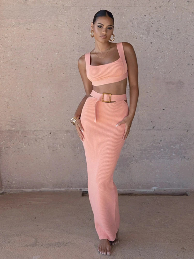 BWQ Knit Ribbed Women Cutout Waist Midi Maxi Long Skirt Suit and Tank Top Street Matching Two 2 Piece Dress Sets Outfit 240806
