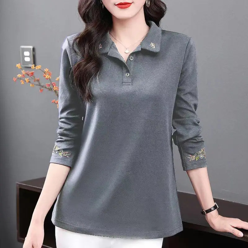 Womens Vintage Embroidery Polo Collar Elegant T-shirts Spring Autumn Korean Fashion Casual Long Sleeve Loose Tops Ropa De Mujer 240806