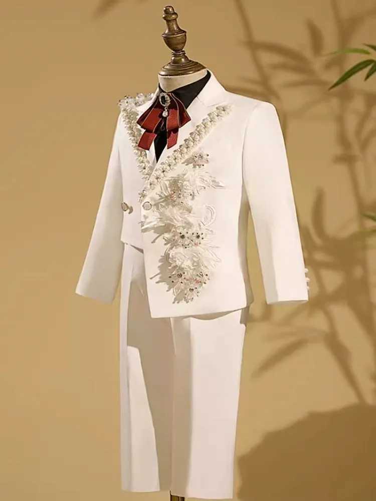 Suits 2024 New Childrens Host Performance Suit Beads Design Kids Wedding Birthday Party Evening Gown Boys Catwalk Blazer Sets A3382