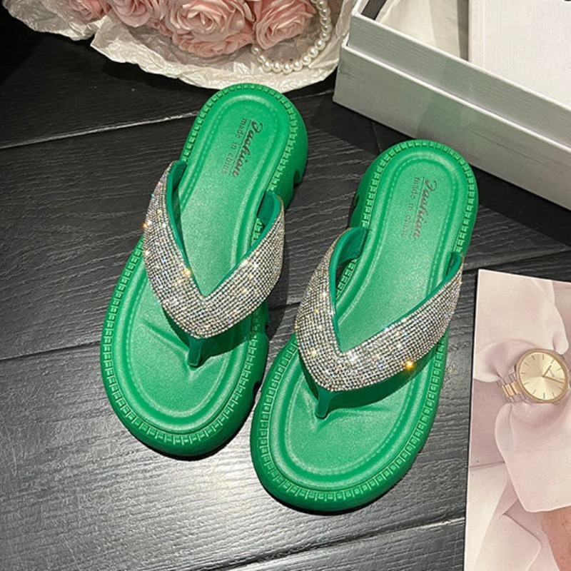 Summer Leisure Beach Slippers Flip Flops Slides Solid Bling Flat Mid Heels Shoes for Women Plus Size
