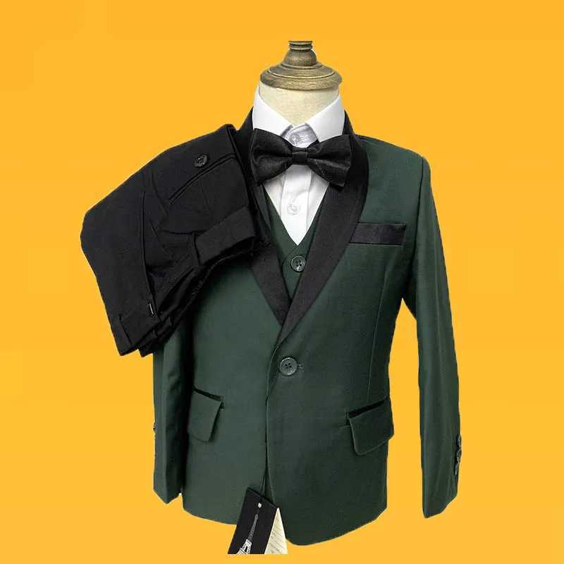 Suits Boys Dark Green Blazer Pants Vest Bowtie 4 Piece Groom Suit Gentleman Kids Wedding Party Dress Child 2-14 Year Old Festival Set