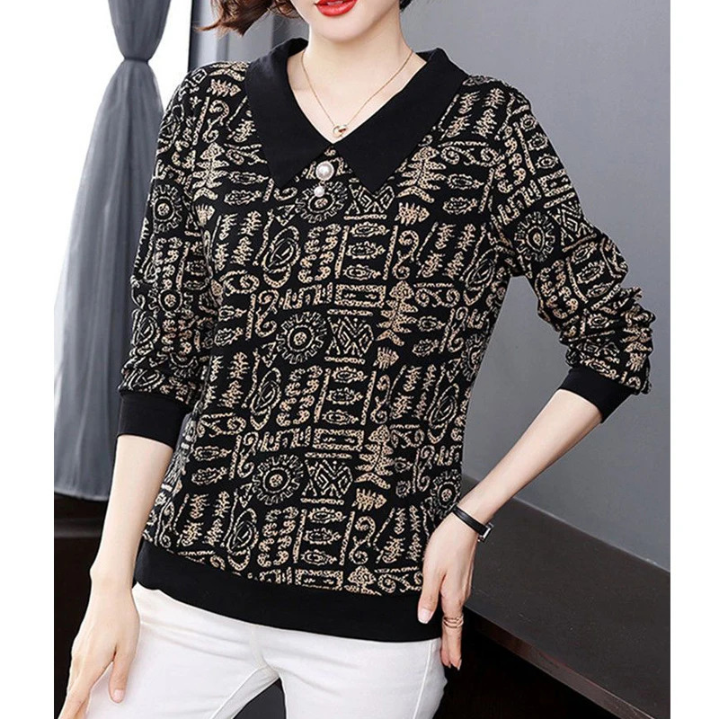 Womens Clothing Spring Autumn Fashion Print Elegant Cotton T-shirts Polo Collar Long Sleeve Loose Pullover Y2K Tops Female 240806
