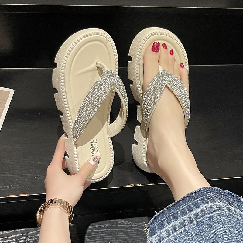 Summer Leisure Beach Slippers Flip Flops Slides Solid Bling Flat Mid Heels Shoes for Women Plus Size
