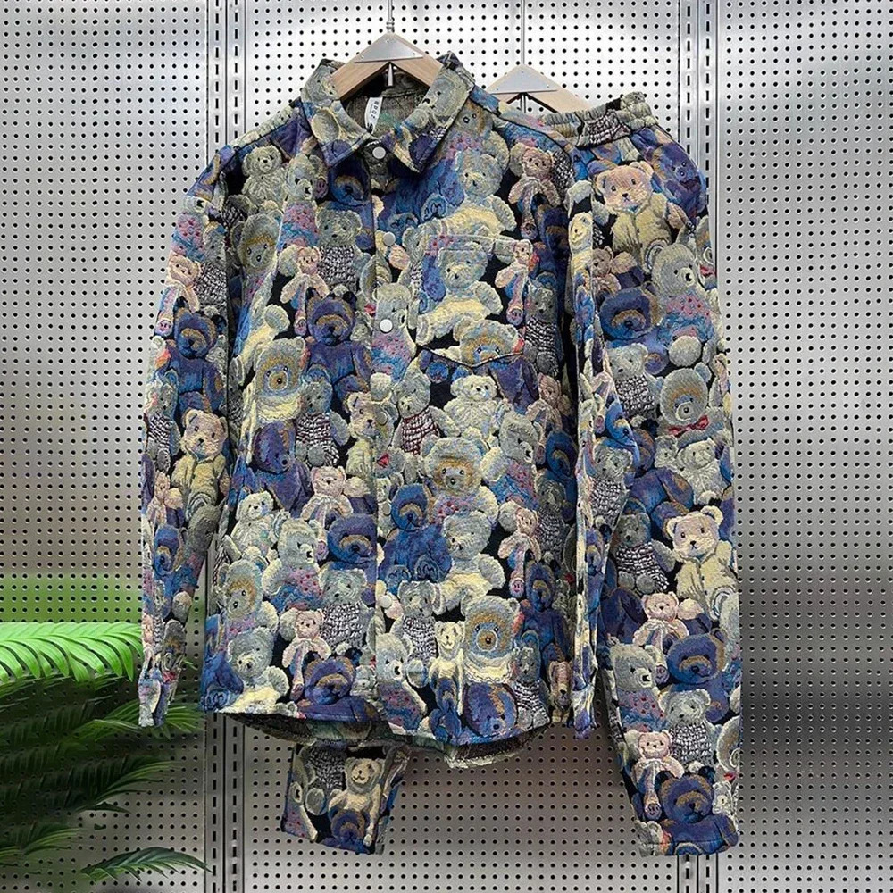 Men Bear Embroidery Suit Fashion Y2k LongSleeved Jacket Leggings Trousers Elegant Casual Loose Sports TwoPiece Set For y240813