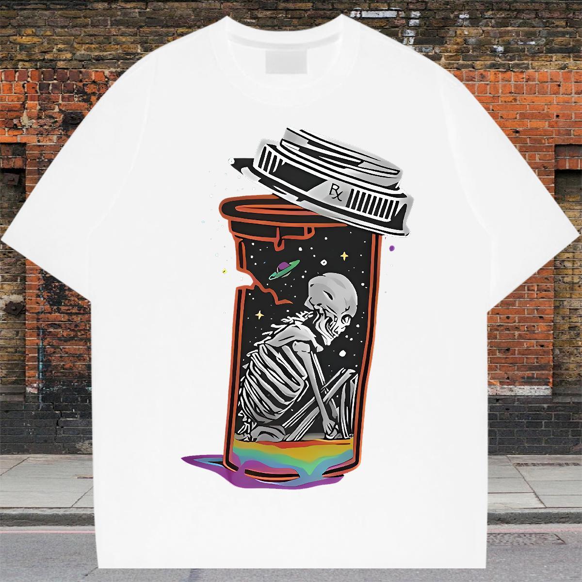 2024 Summer T-Shirts for Men 230g Pure Cotton skull Street Polos Crew Neck Breathable High Quality Men Tshirts Floral Print