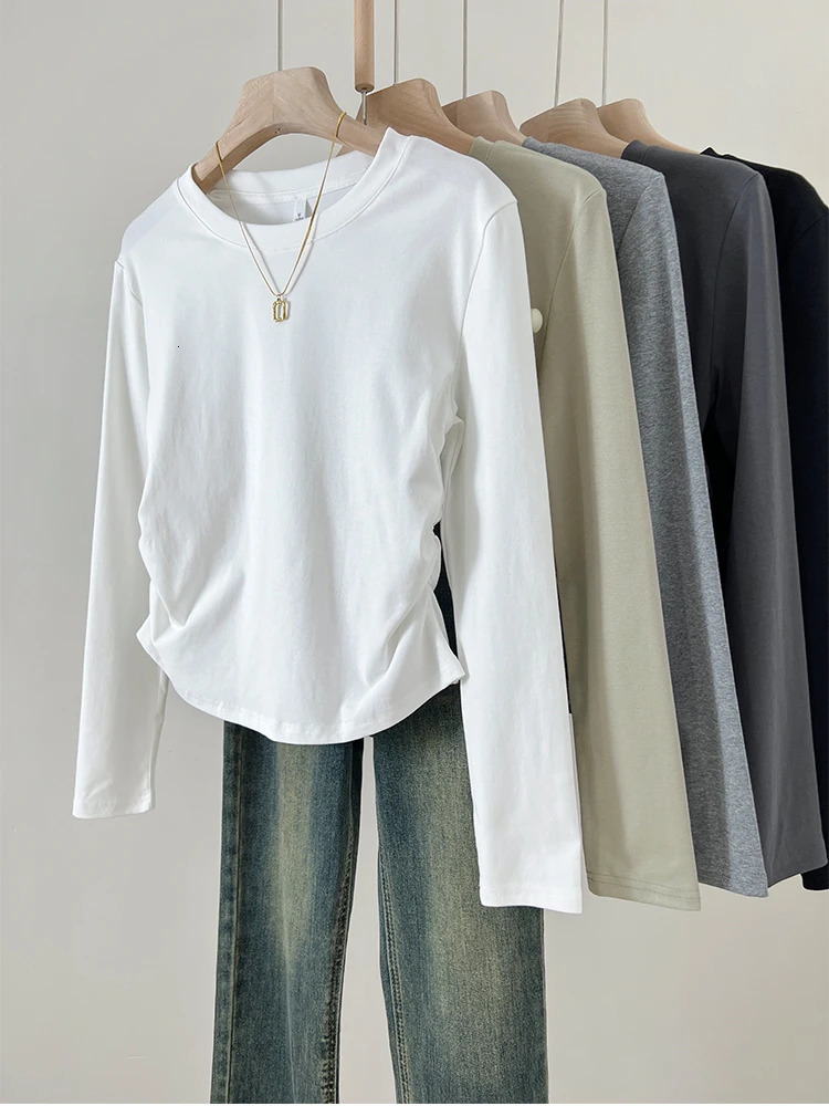 Autumn Women T Shirt Girls T-Shirt Woman Clothes Tops Cotton Slim Tshirt Female Long Sleeve Crop Top Y2k Spring Tee Sexy White 240806