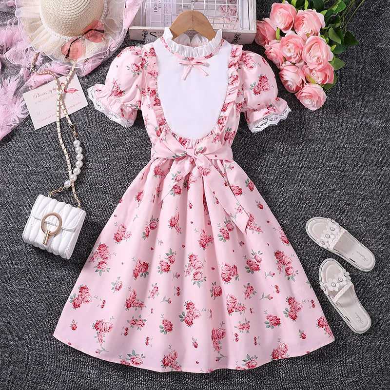 Girls Summer Dress New Retro Pink Cute Flower Retro Printed Lace Princess Girls Dress Fashion 8-12 Year Old Childrens Daily Casual ClothingW240720