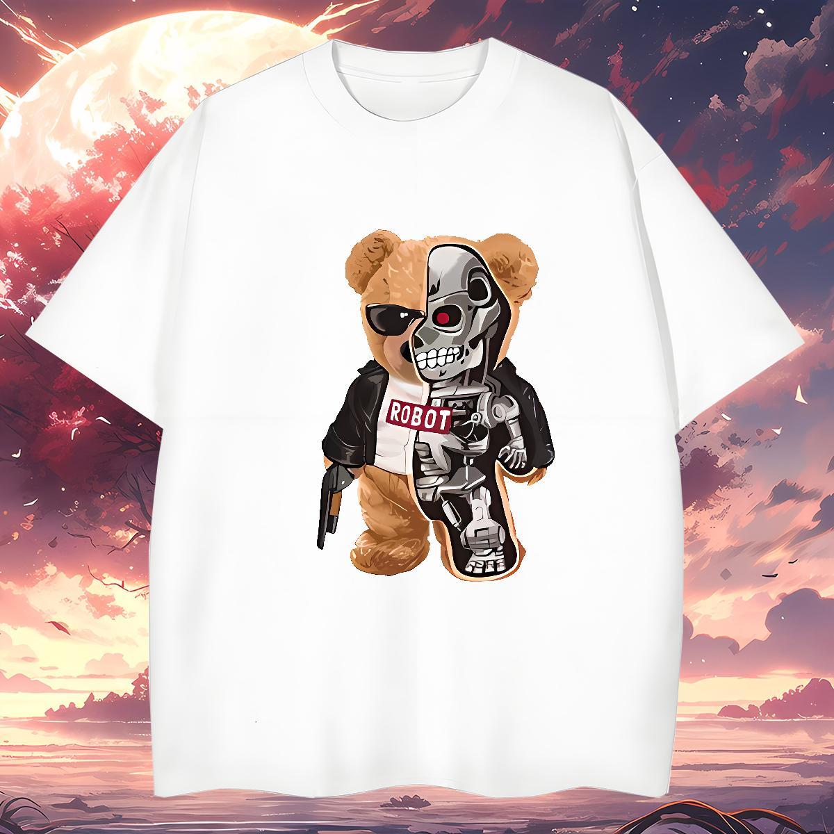 T Shirts Men 230g Pure Cotton bear Home Outdoor Breathable Short Sleeve Anime Tshirts New Loose Fit Tops