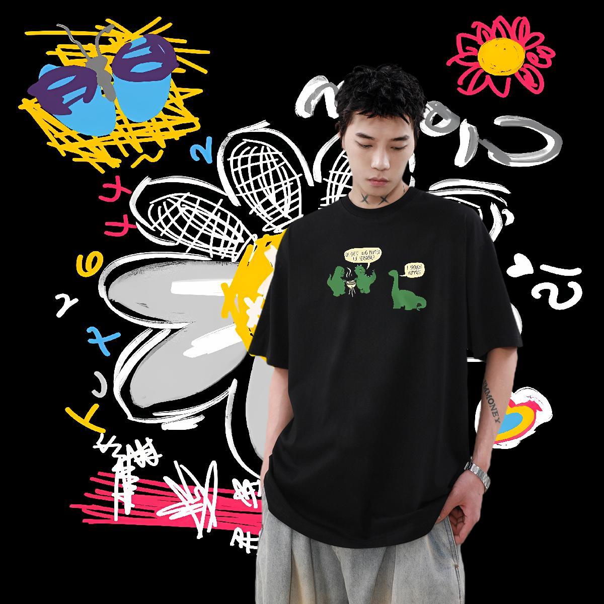 Classic Mens T Shirts 100% Cotton 230g dinosaur Home Outdoor Tshirts O-Neck Short Sleeve Popular Men Tops Tees Cartoon Print