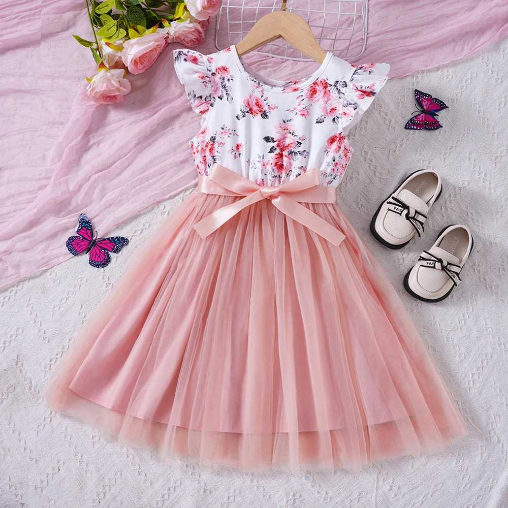 Summer New Cute Flying Sleeve Romantic Flower Net Princess Dress Suitable for Middle School Children and GirlsW240720