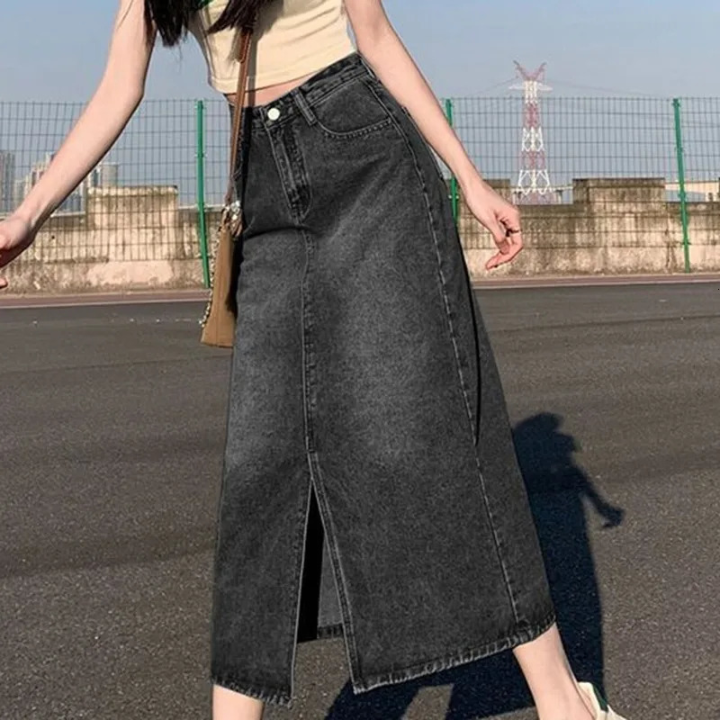 Spring Long Denim Skirt Vintage Women Solid High Waist A-LINE Slim Korean Style Jean Slit Midi Skirt Summer Fashion 240806