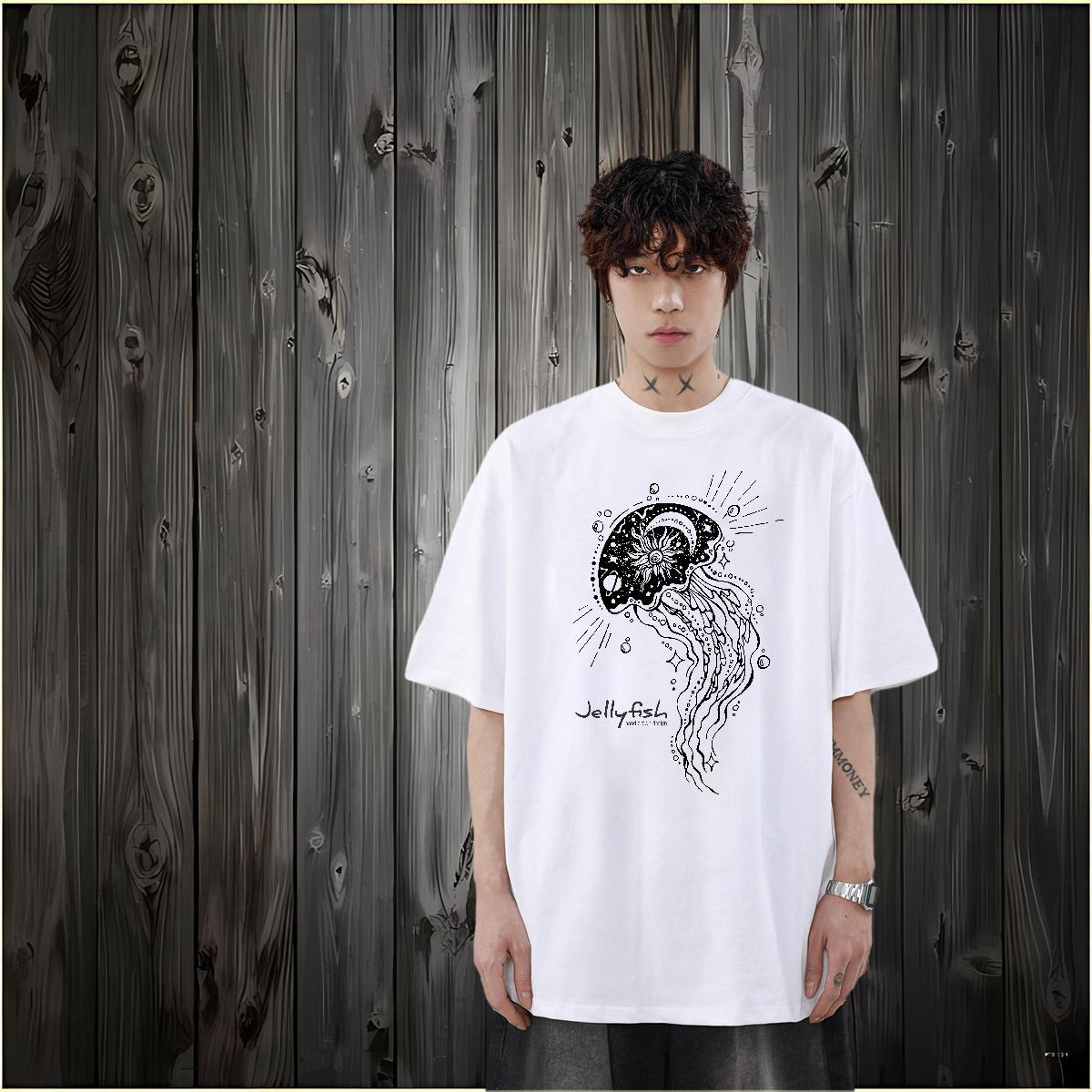 2024 New T-Shirts for Men 230g 100% Cotton jellyfish Hip Hop Clothings Pure Cotton Cool Men Tops Tees Black White
