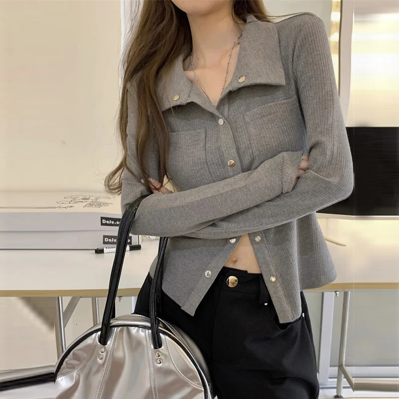 Women Clothing Spring Autumn Trendy Polo Collar Sexy Skinny Ribbed Knitted T-shirt Korean Solid Long Sleeve Chic Y2K Short Tops 240806