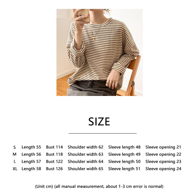 Autumn T-Shirt Woman Korea Loose Cotton T Shirt Women Casual Top Tee Versatile Striped Long Sleeve Tshirt Basic Winter 240806