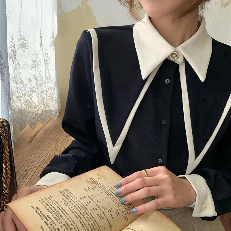 MEXZT Vintage Chiffon Shirts Women Elegant Patchwork Long Sleeve Blouses Office Lady Korean Black Turn Down Collar Casual Tops 240806