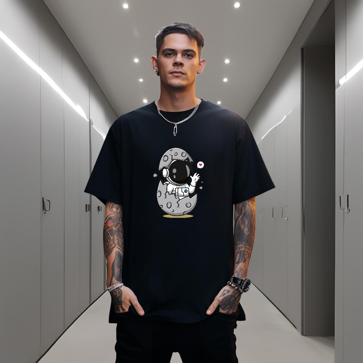 T Shirt For Man 230g Cotton cosmonaut Sports Casual O Neck Short Sleeves DIY Logo Oversized Tshirts Fashion Popular Tops Tees