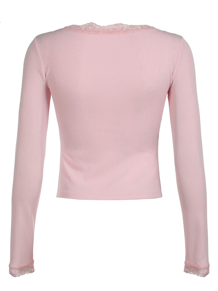 Pink Sweet Basic Slim Long Sleeve Tees Top T Shirts Women Cross Tie Lace Patchwork Cute Japanese Kawaii Y2K Clothes 240806