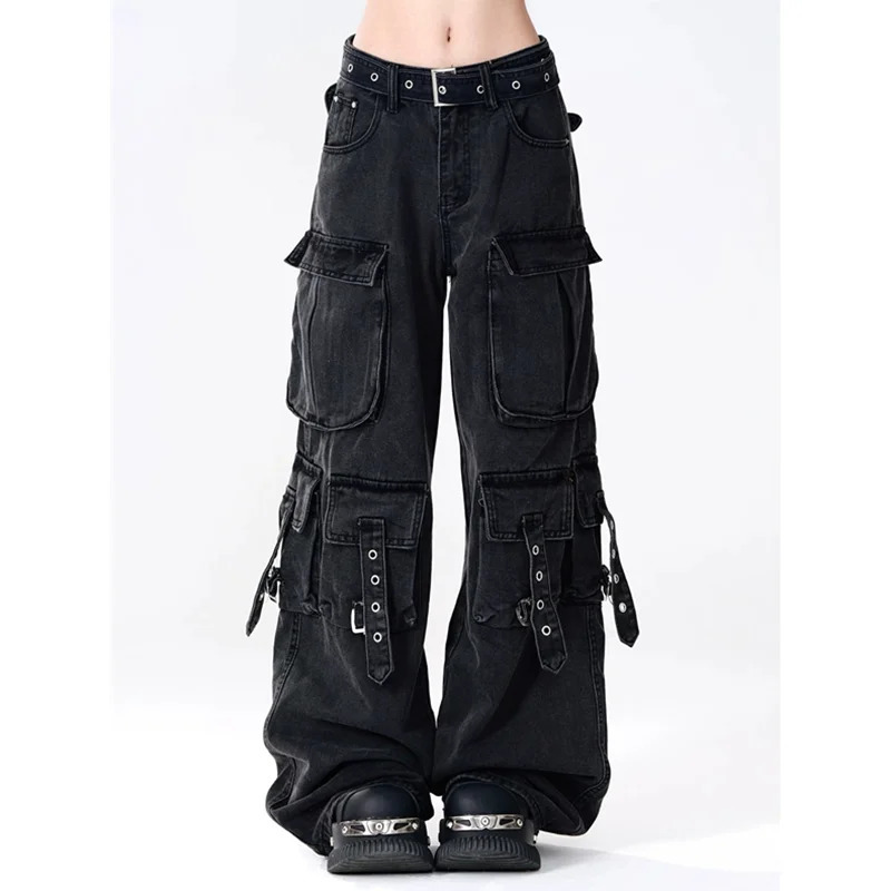 American Black Heavy Industry Multi-Pocket Cargo Pants Women Y2K Streetwear Hip Hop Loose Washed High Waist Straight Jeans 240806