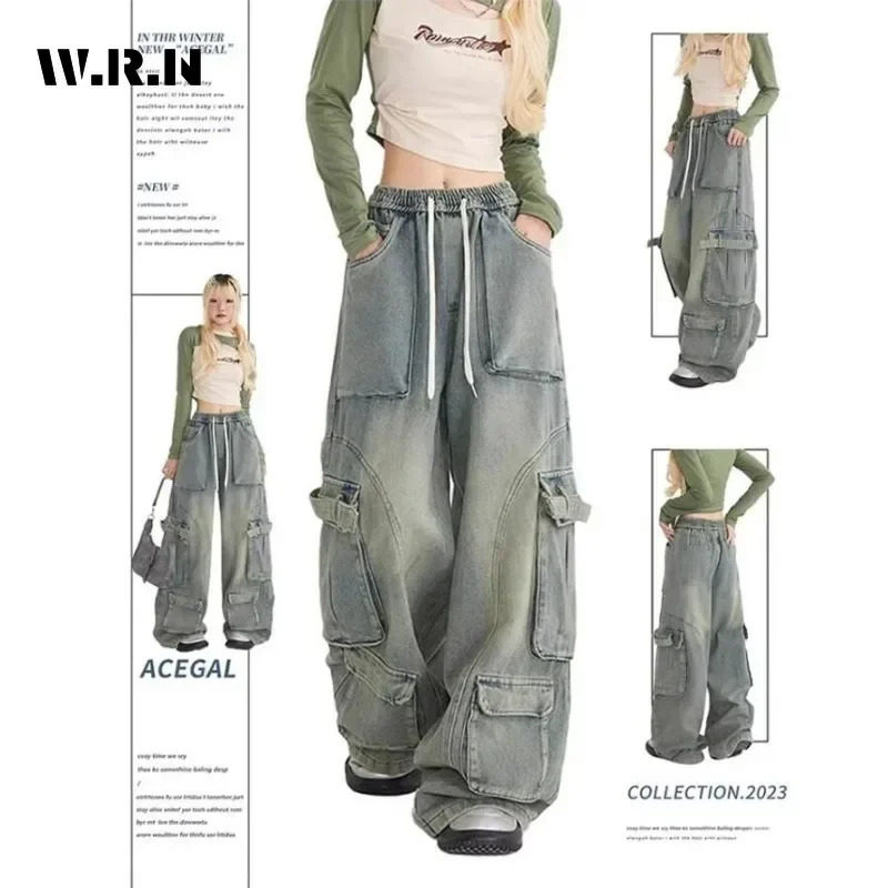 Vintage Casual Grunge Pocket High Waist High Street Blue Jeans Pants Women Drawstring Wide Leg Baggy Y2K Straight Denim Trouser 240806