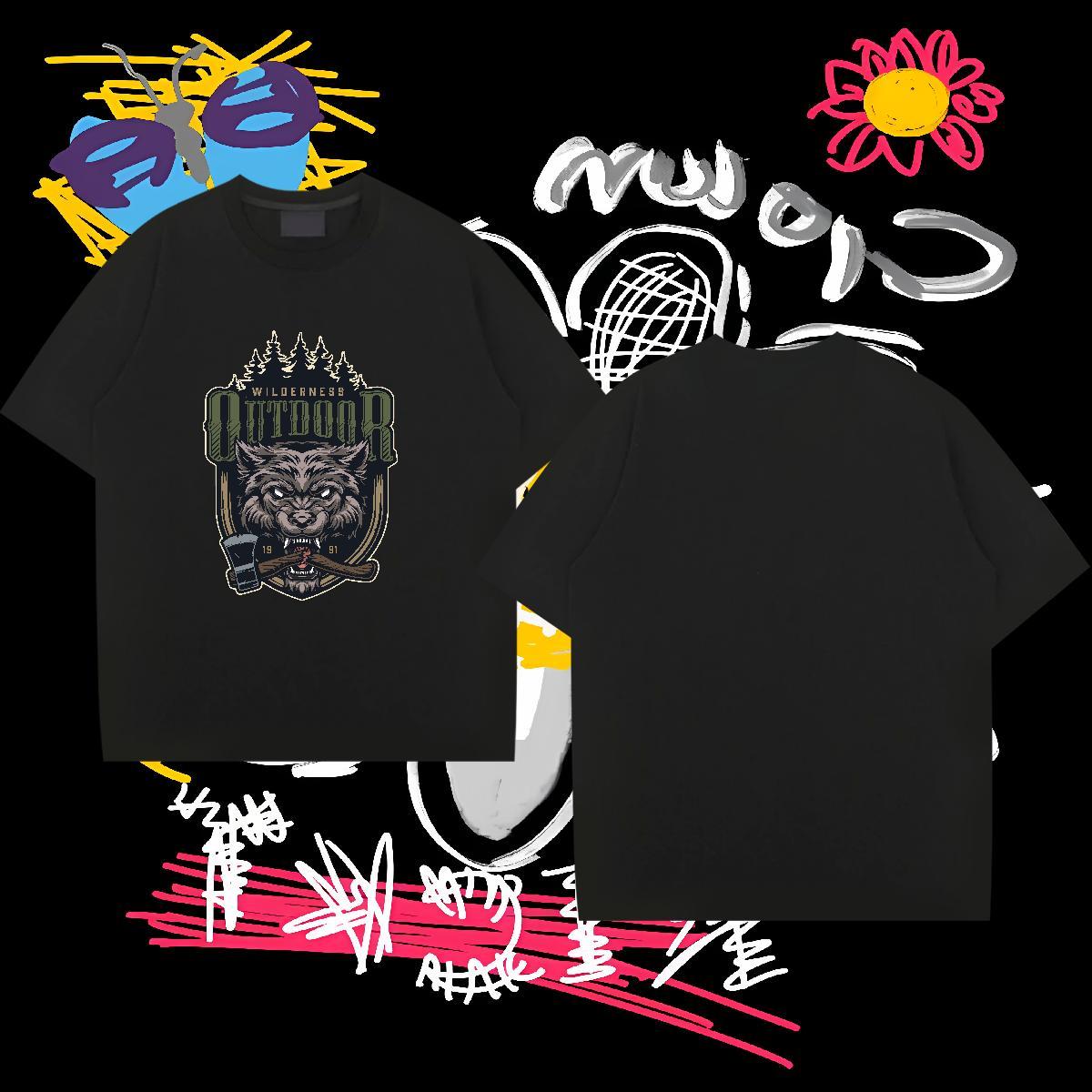 Classic Mens T Shirts 100% Cotton 230g wolf Casual Top Tees Breathable Short Sleeve Wholesale Tshirts Custom Print Plus Size