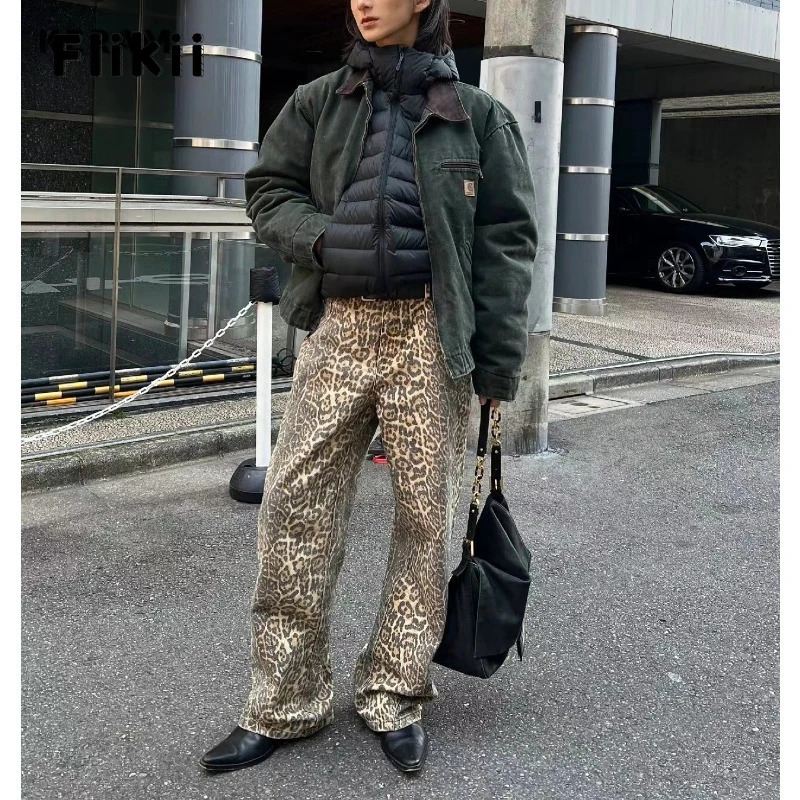American Retro High Waist Leopard Print Jeans For Women Baggy Pocket Y2K Pants Casual Wide Leg Grunge Streetwear Denim Trouser 240806