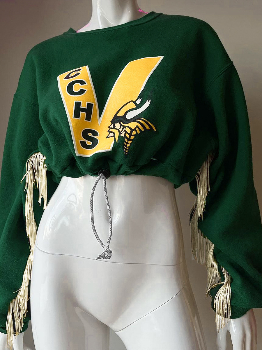 Women's autumn and winter new round neck long sleeved letter printed drawstring waist cinching short tassel sweatshirt