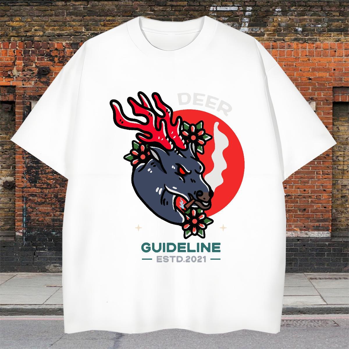 New T Shirts Men 230g Cotton Deer Hip Hop Tee Shirt Short Sleeve O-Neck Popular Men Clothes T-Shirt DIY