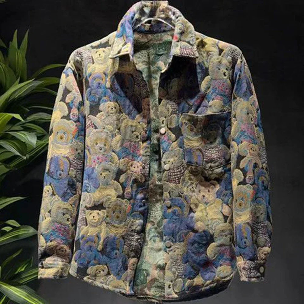 Men Bear Embroidery Suit Fashion Y2k LongSleeved Jacket Leggings Trousers Elegant Casual Loose Sports TwoPiece Set For y240813