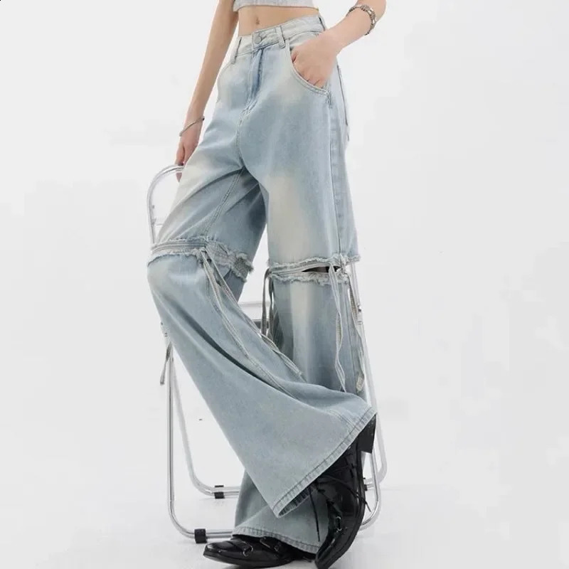 QWEEK Y2k Baggy Ripped Jeans Women Vintage Harajuku America High Waist Black Denim Pants Korean Wide Leg Streetwear Trousers 240806