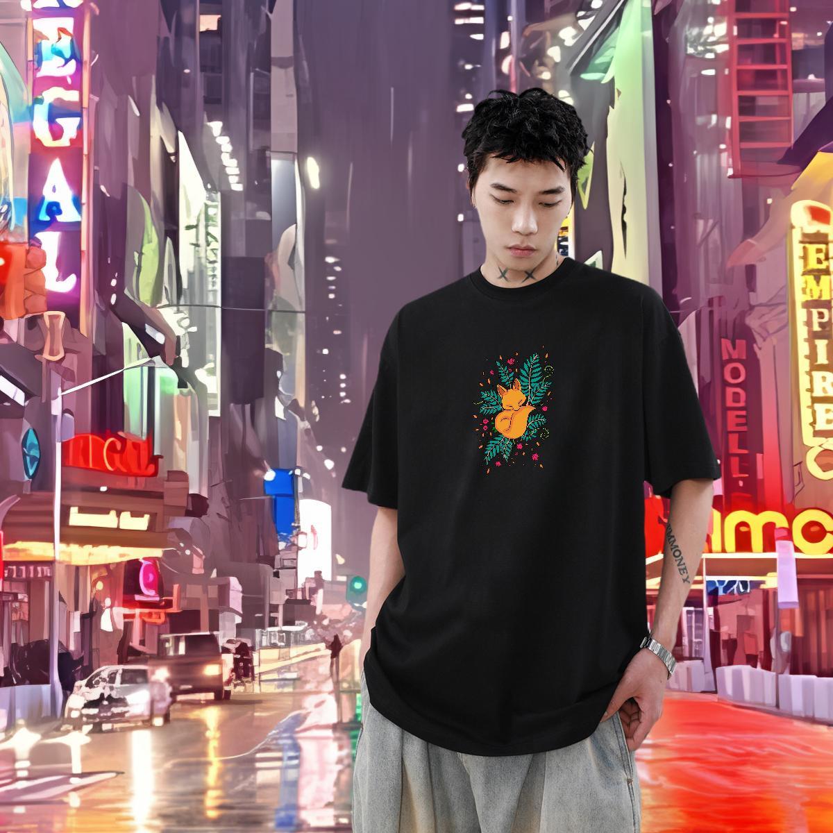 2024 DIY T shirt 230g 100% Cotton fox Casual Wear O-Neck Short Sleeve High Quality Couples T Shirts Cartoon Printing L-4XL