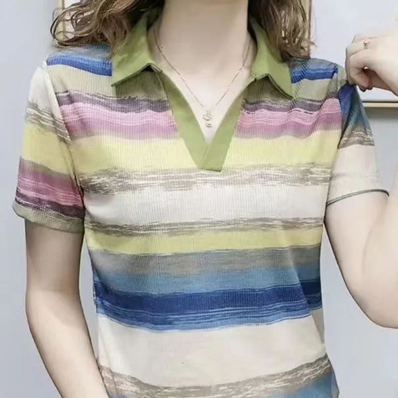 Short Sleeve T-shirt Womens Summer Fashion Rainbow Stripe Polo Shirt Comfortable Leisure Pullover Female Clothing Tops 240806