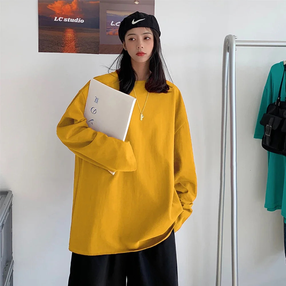 100% Cotton Spring Long sleeve T-Shirt Women Basic Tee Shirt Oversize T Shirt Women Casual O-neck Women Tshirt US size 240806