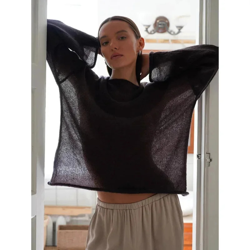Loose Long Sleeve Mesh Sweatshirt Pullover Women Knitted Transparent Oversize T-shirt Fashion See Through O Neck Y2K Sweater Top 240806