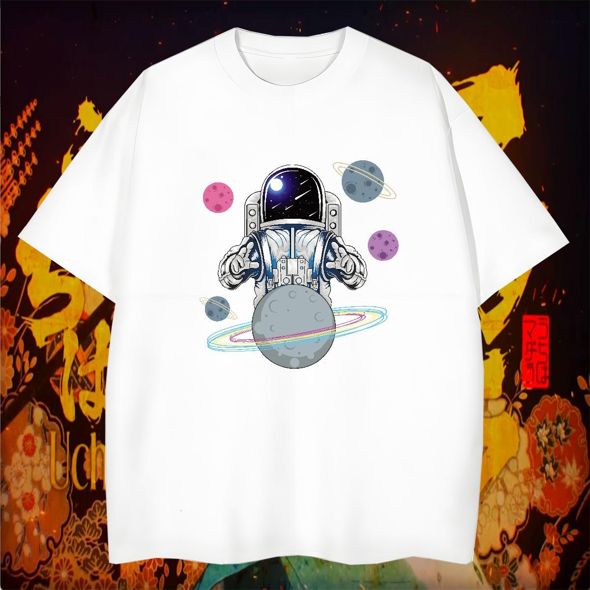 T Shirt For Man 230g 100% Cotton cosmonaut Street Casual Breathable Short Sleeve Plus Size Cartoon Men Tops Tees Fashion Casual Popular Tee Shirt