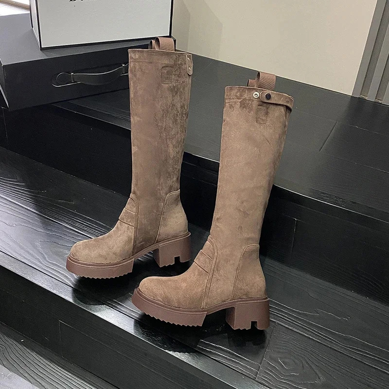 Women thick soled boots suede less than knee length thin chivalrous boots versatile thick heeled high Knights boots C1145 240801