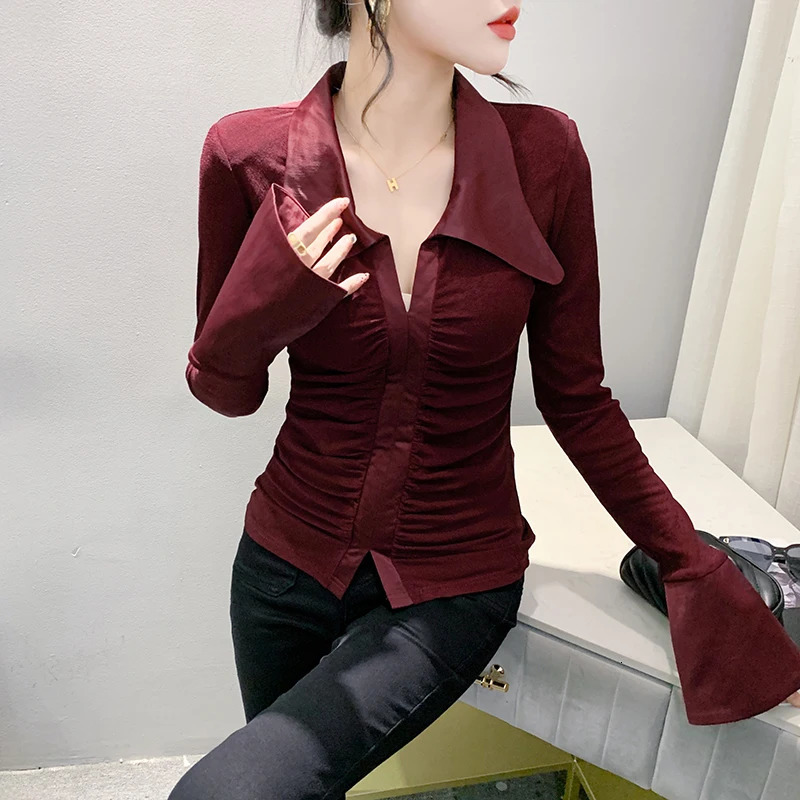 MadBlack European Clothes Tshirt Women Turn Down Collar Patchwork Slim Tops Long Flare Sleeve Tees Autumn Spring T30404JM 240806