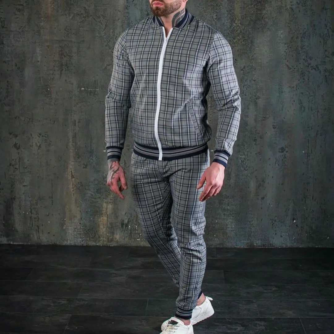 Gentleman Plaid Mens Tracksuit Sets Casual Zipper Jacket Coat Sports Suit High Quality 3D Print Fashion 2-Piece Men Clothes 240806