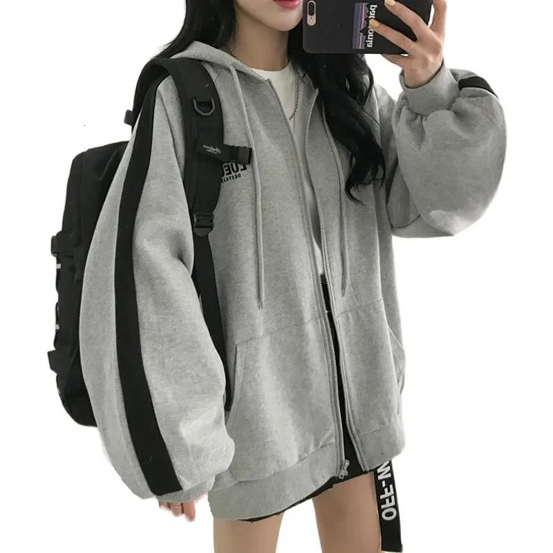 Women Sweatshirts Zipper Jacket Sweet Korean Hooded Spring and Autumn Coats Thick Winter Solid Loose Hoodies Womens Clothing 240806