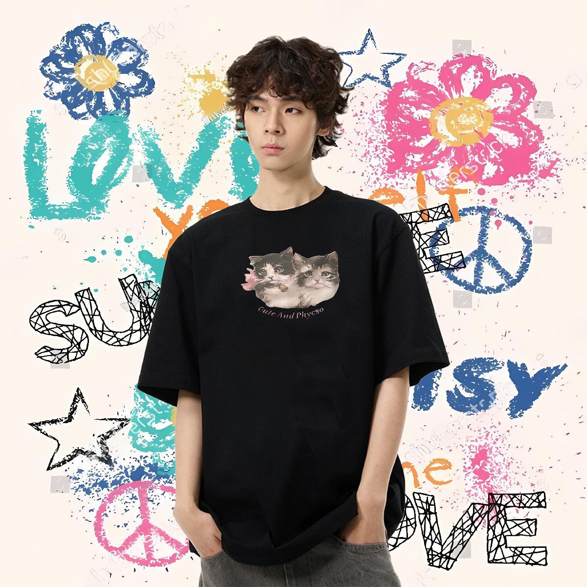 Designer Fashion T Shirts Men 230g 100% Cotton cat Street Polos Short Sleeve Soft TOP Quality Men Clothes T-Shirt Cartoon Print