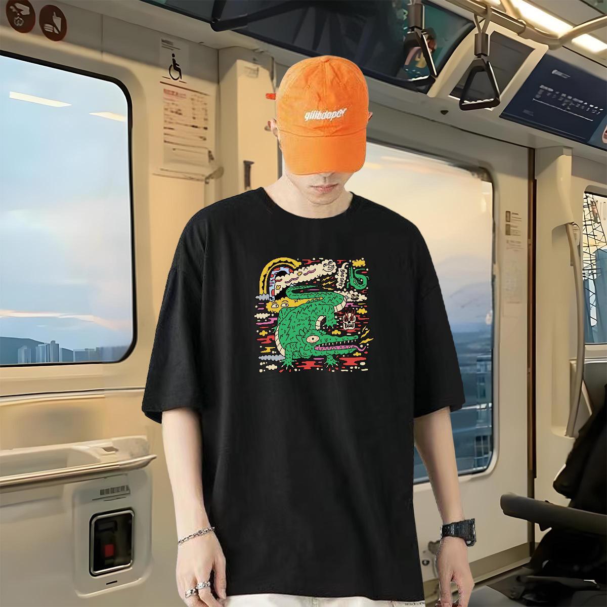Fashion Design T-Shirts for Men 230g Pure Cotton crocodile Outdoor Clothes O-Neck Short Sleeve Popular Men Tshirts Floral Print