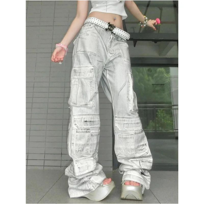 American Vintage Tie Dye Straight Jeans Womens Casual Grunge High Street 2000s Pants Baggy Y2K Wide Leg Washed Denim Trouser 240806