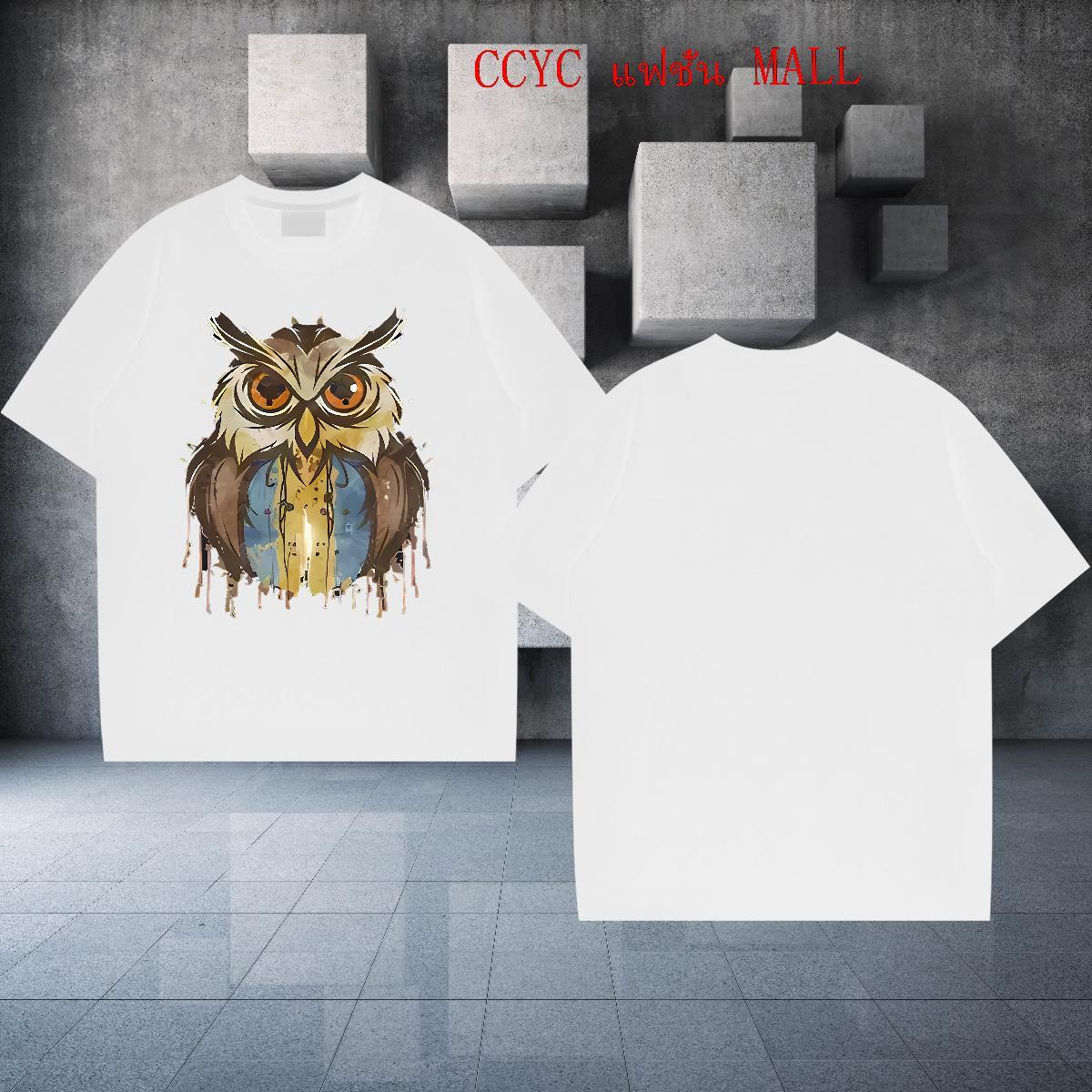 Loose Fit Men Clothes T-Shirt 230g 100% Cotton Hip Hop Street Owl Cartoon Print Round Neck Short Sleeve 2024 DIY T Shirts Men Tops Tees