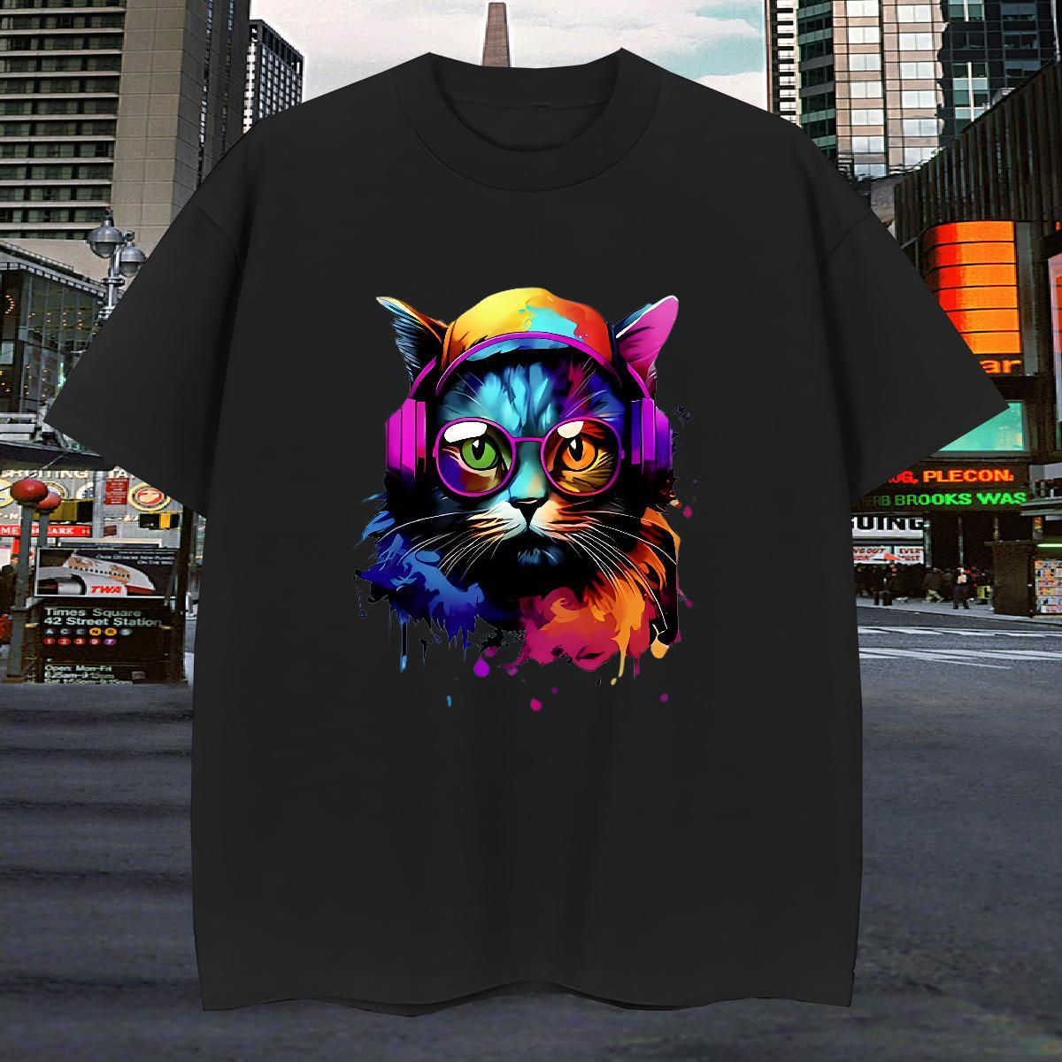 T Shirt For Man 100% Cotton 230g colorful cat Spring Summer Breathable Crew Neck Oversized 3XL 4XL Men Tshirts Customized Free Shipping Wear