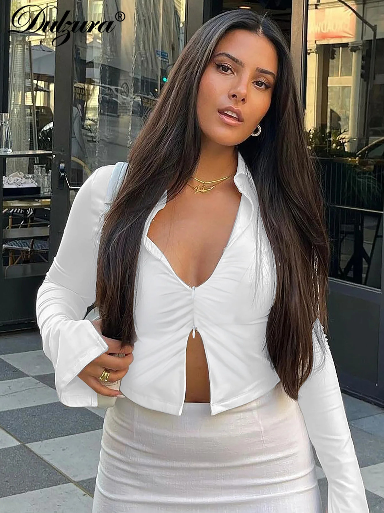 Dulzura Sexy V Neck Long Sleeve Top Zipper Polo Shirts Ruched Solid Women Tops Party Club Streetwear Drop Y2K Clothes 240806