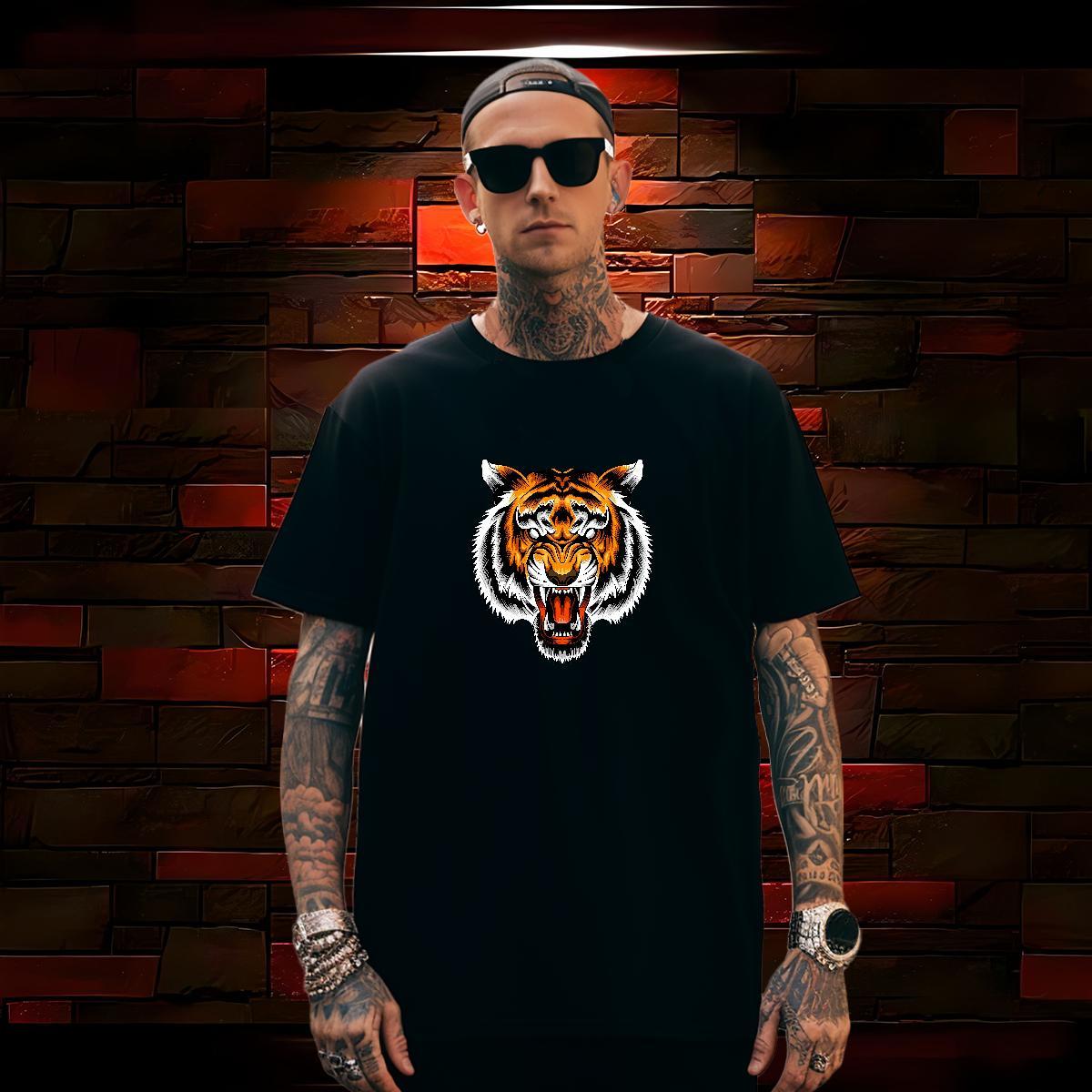 T Shirts Men 230g 100% Cotton tiger Hip Hop Crew Neck Oversized Men Tops Tees Customized Loose Tops Shirt