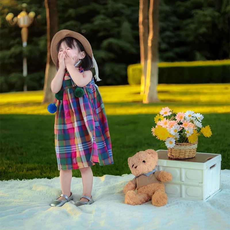 Girls summer clothing girls cotton dress childrens colorful checkered pendant dress childrens sleeveless pendant casual dressW240720